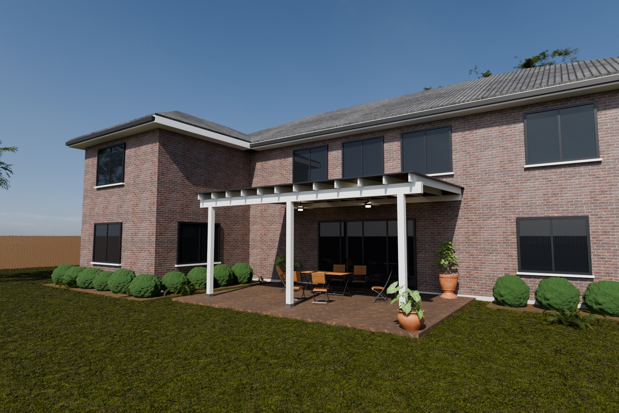 Two-story red brick house with a painted white patio cover