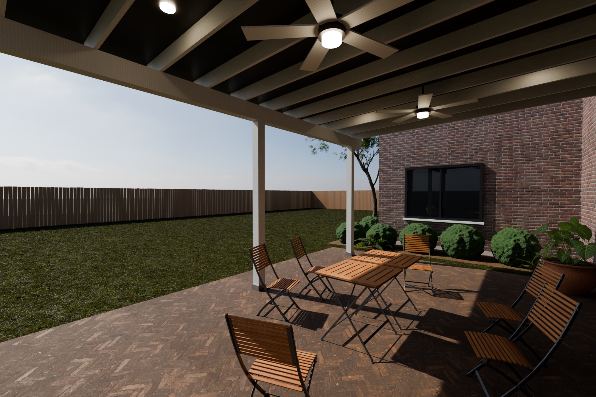 View from under a white patio cover