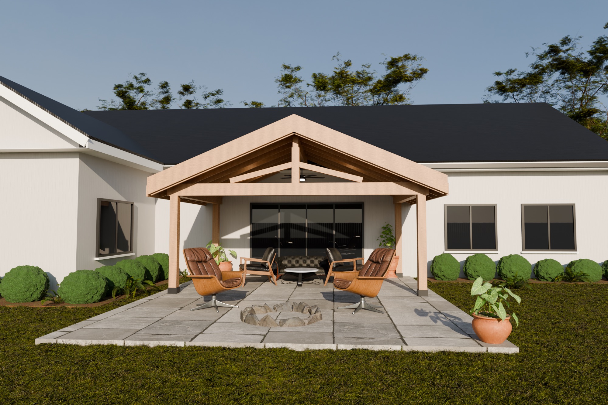 Render of a modern farmhouse with an attached cedar gable patio cover