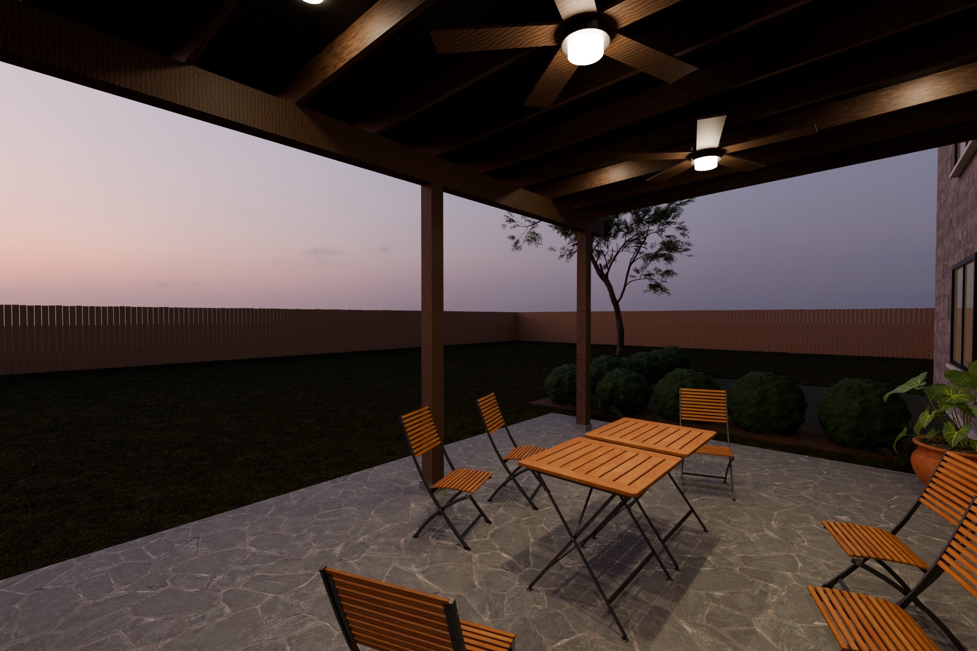 View from under a walnut patio cover at dusk