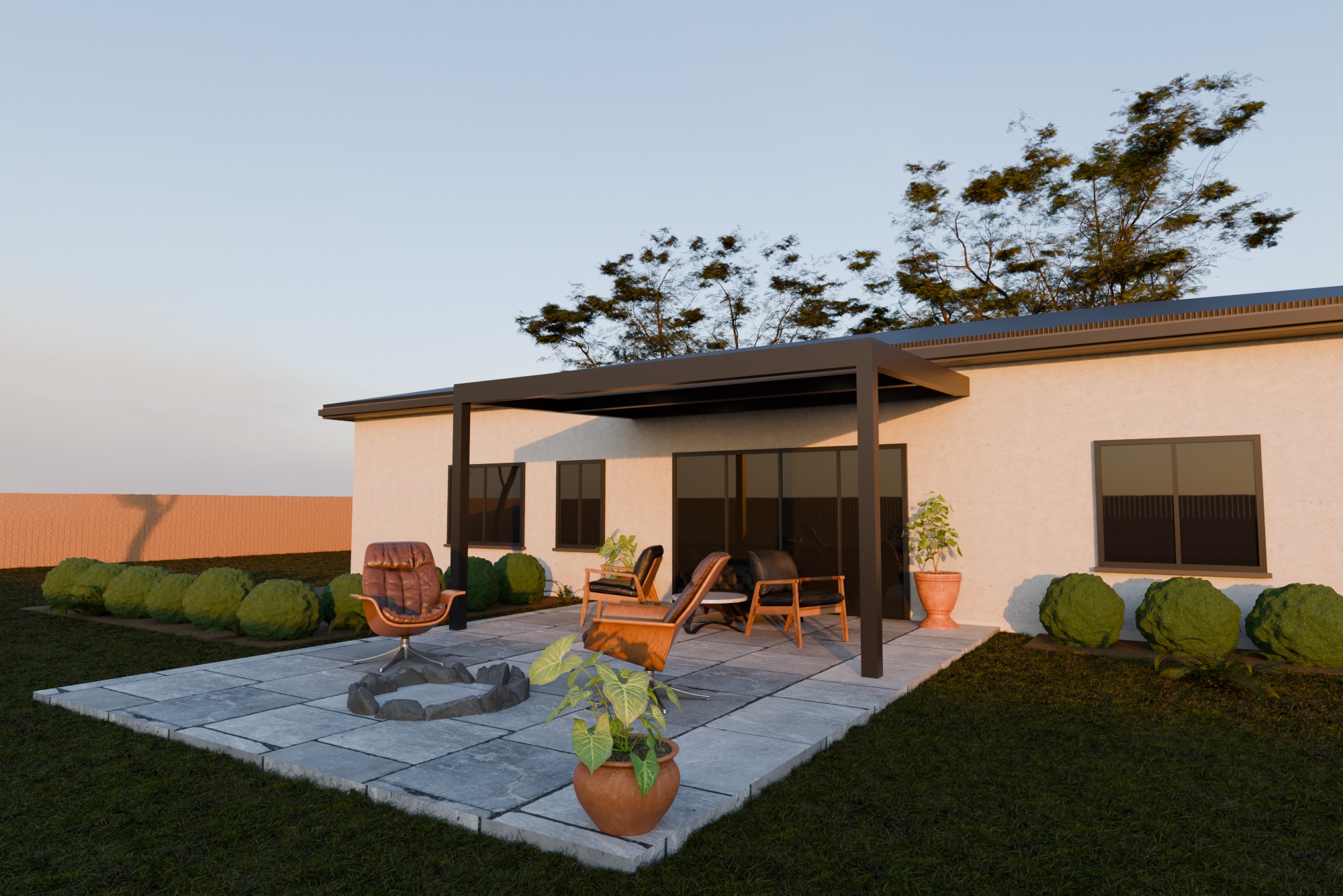 Modern stucco house at sunset with a black aluminum patio cover
