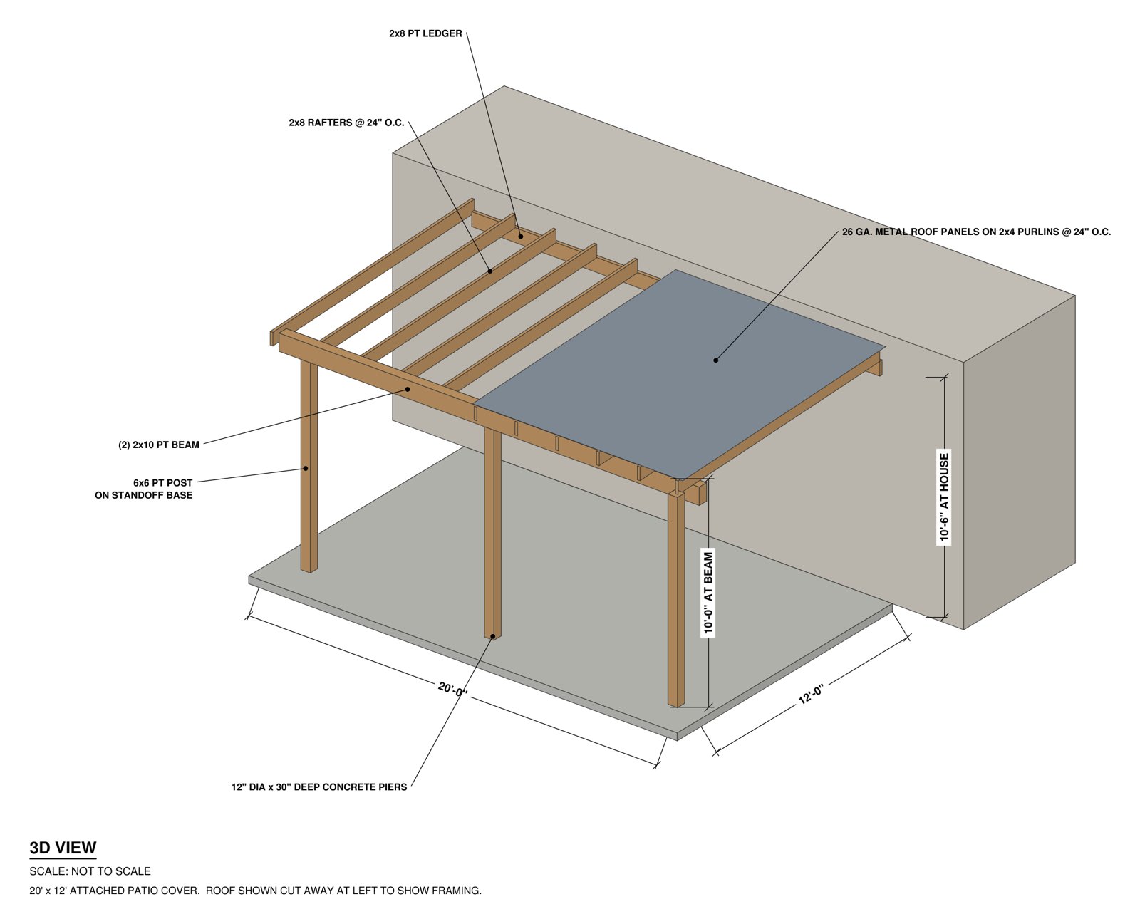 Permit drawing 3D view of the patio cover framing